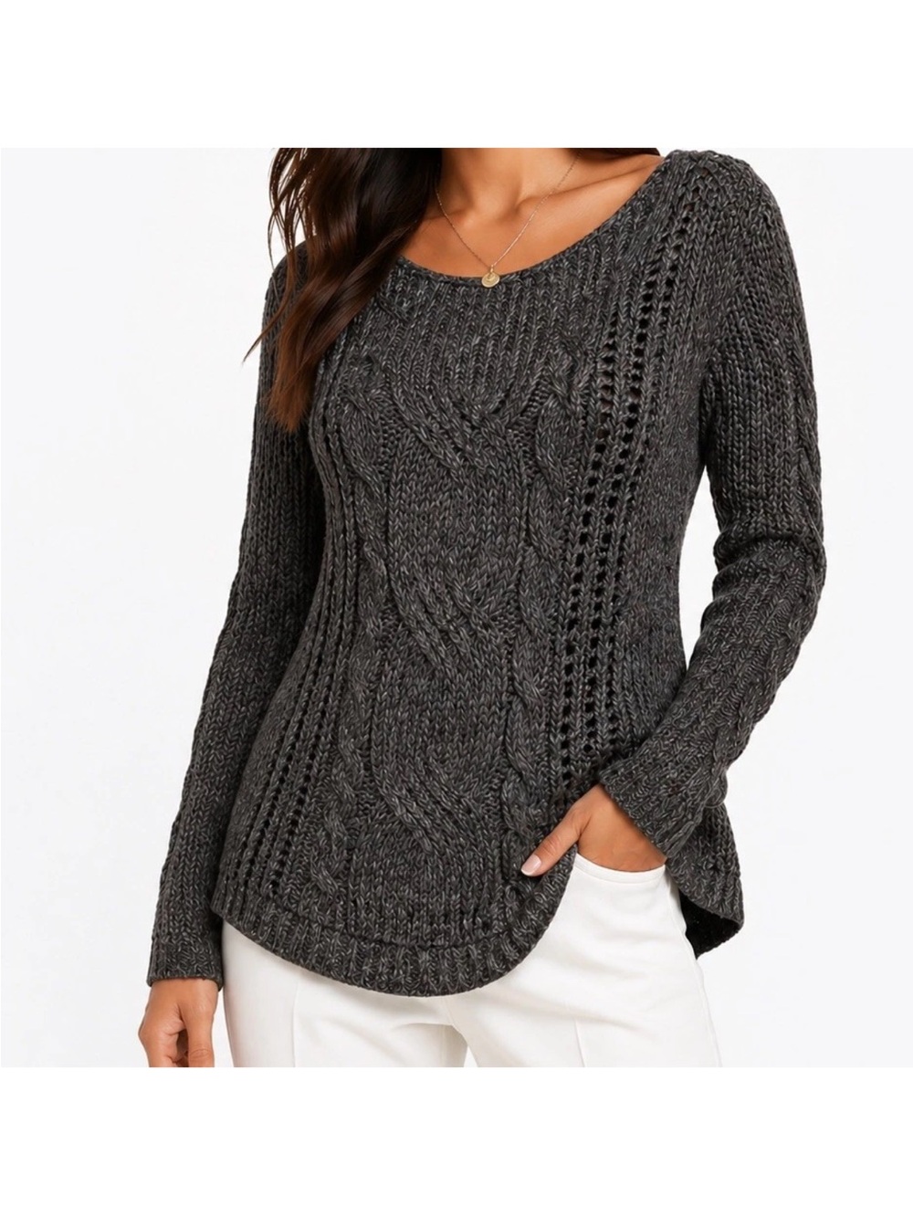 Free People Sweater Cable Knit Open Weave Alpaca Blend Medium Gray Marled Boho